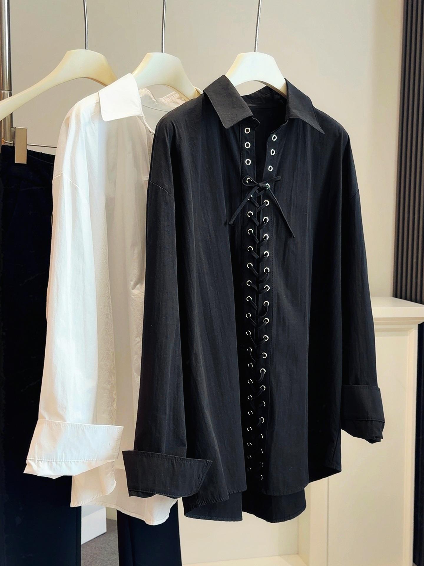 2026 Spring Women s Lapel Tie-Up Shirt Dress - Mid-Length, Loose, and Slimming Trendy Design One Size чёрный