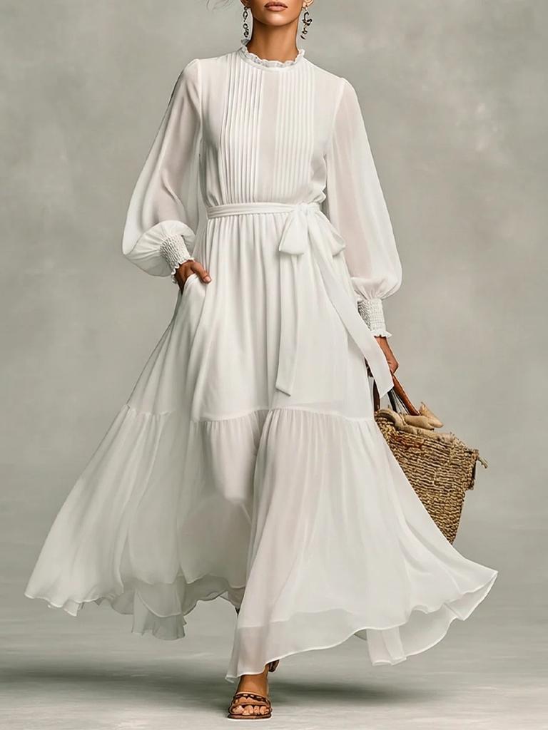 In stock, the new European and American French temperament pleated big pendulum chiffon dress.