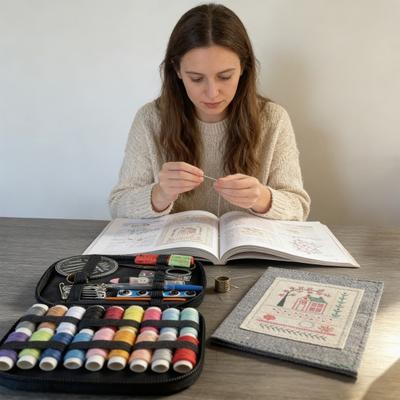 Libro de Puntos de Bordado DIY Guía de Referencia de Bordado para Principiantes con Páginas de Tela Hilos Agujas Tijeras Dedales