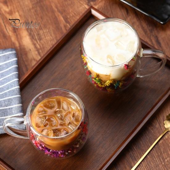 Double Wall Glass Floral Mug 250ml/350ml Clear Aesthetic Drink Cup with Insulated Handle Real Flower Decoration Double Layered Heat Preserving