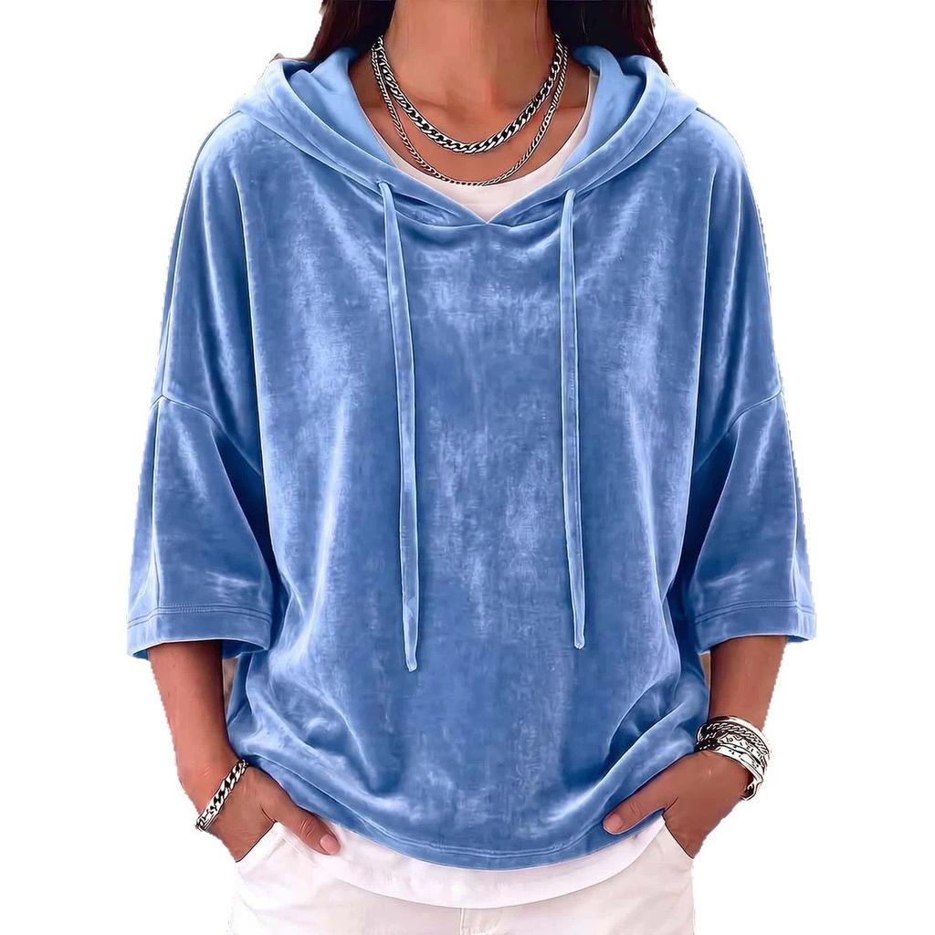 Women's Velvet Sweater Autumn and Winter European and American Women's Clothing New Hoodie Solid Color Drawstring Seven-quarter Sleeve Pullover Top