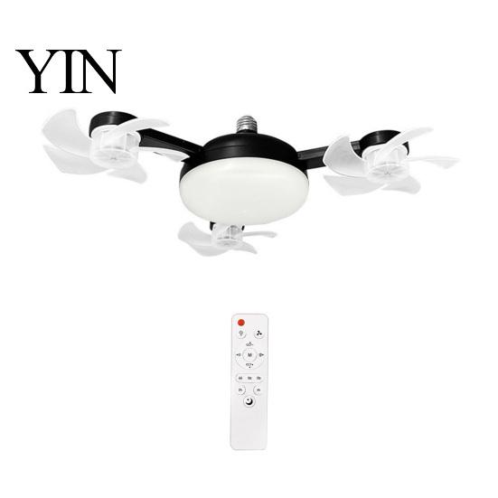 E27 Socket Fan 3/4/5 Blade Ceiling with Light & Remote Control, 2-in-1 Silent LED Drone Compact Ventilation Lamp Foldable Blades, 3-Speed Dimmable for
