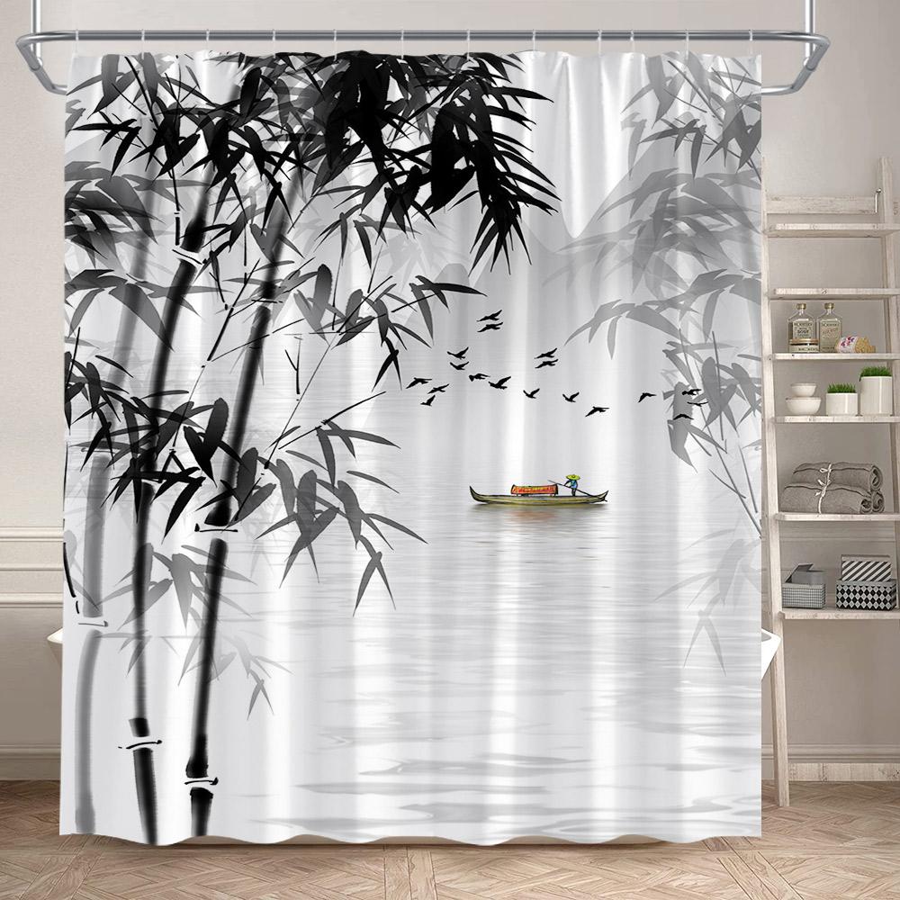 Ink Landscape Shower Curtain Black Bamboo Bird Abstract Mountain Water Chinese Style Bath Curtain Waterproof Home Bathroom Decor