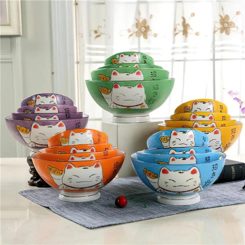 Ceramic High Bowl Multi-Sized Colorful Lucky Cat Soup Bowl Salad Bowl Underglaze Kitchen Household Tableware Children's Couple