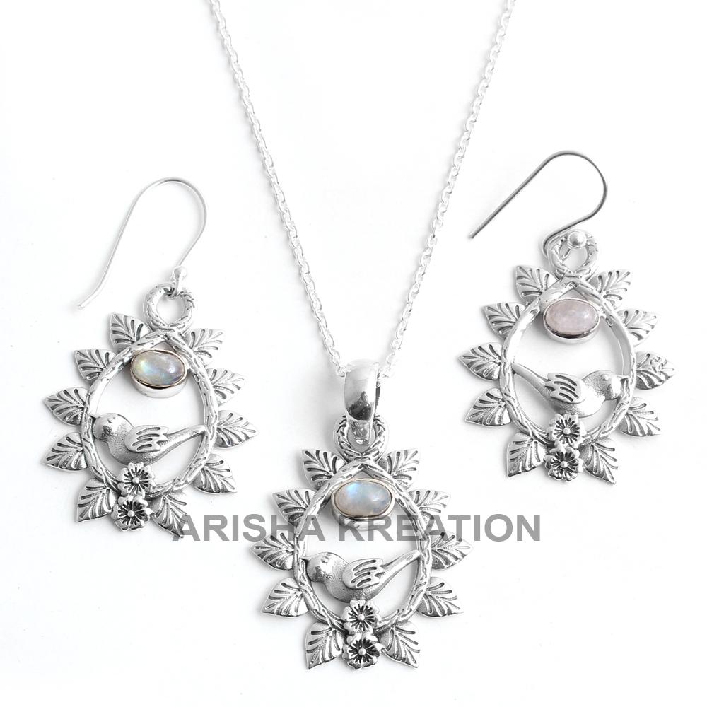 Moonstone Set, Animal Jewelry Set, Silver Pendant,  Silver Earring, 925 Sterling Silver Handmade Jewelry