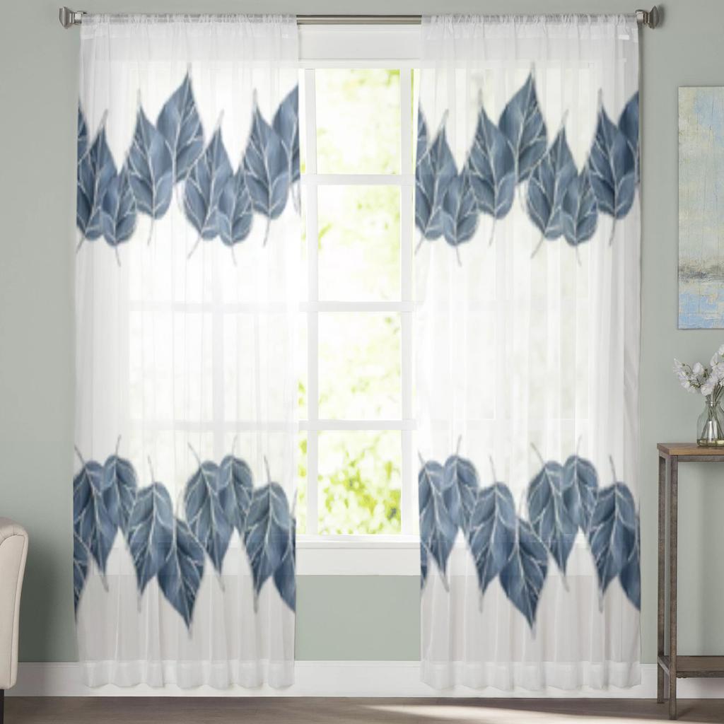 Blå Löv Skira Gardiner För Vardagsrumsfönster Transparent Voile Tyllgardin Sovrumsdraperier Heminredning