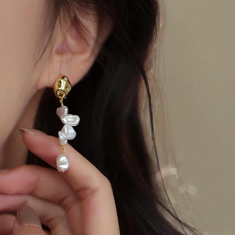 Natural Keshi Broken Silver Shaped Baroque Pearl Fringed Earrings Earrings Niche Unique Earrings Silver Needle Earrings one sizc