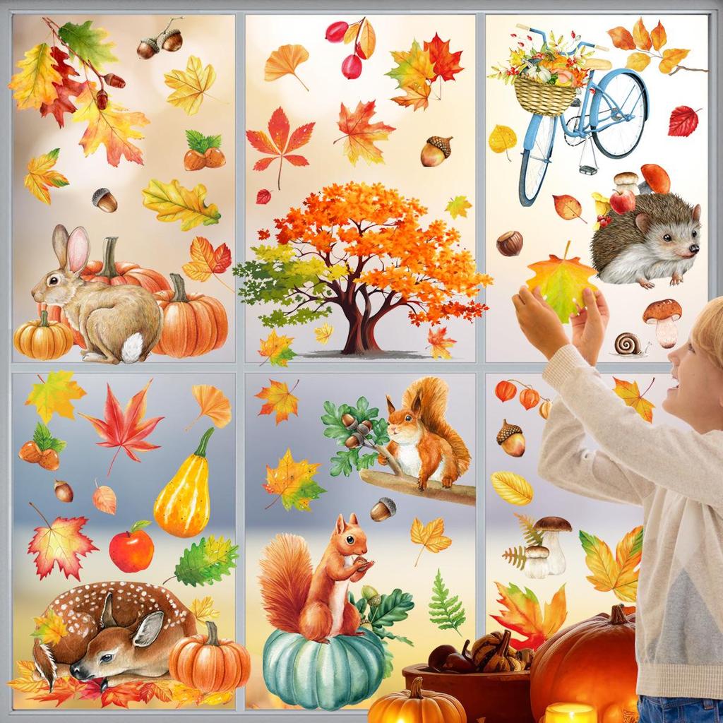 Thanksgiving Autumn Leaves & Pumpkins Window Clings - Cartoon Squirrel Decorations