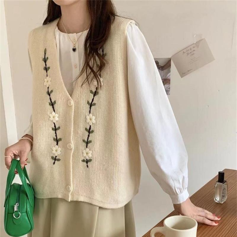 

Весна Осень V-образный вырез Вышитый Вязаный Жилет Безрукавка Женский Свитер Жилет S