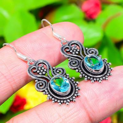Natural Blue Topaz Gemstone Handmade 925 Sterling Silver Earring 1.77" W2J09