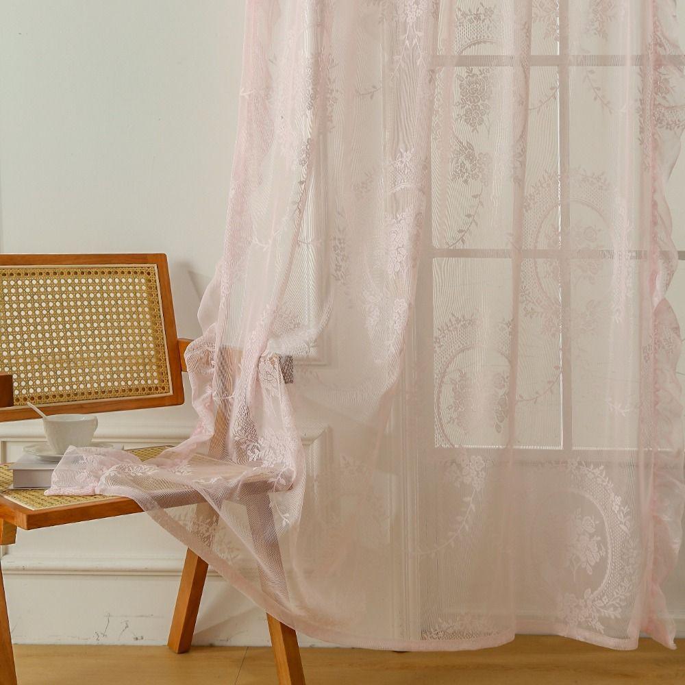 2 Pcs Romantic Ruffled Edge French Lace Floral Curtain Rustic Embroidered Lace Sheer Curtain Retro Gauze Curtain Bedroom