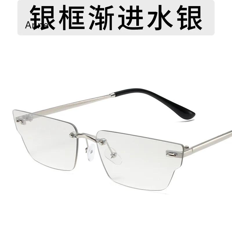 Retro Irregular Small Rectangle Women Sunglasses Fashion Rimless Clear Ocean Gradient Lens Shades UV400 Men Sun Glasses gafas