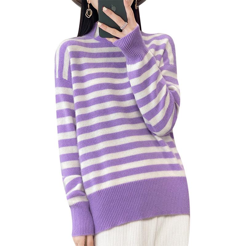 Korean Style Women's Striped Color-Block High Neck Knit Pullover Sweater