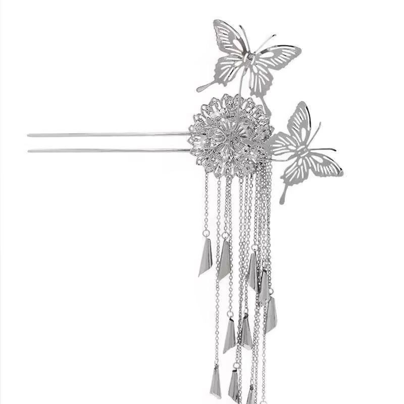 

1 Pcs New Women Creative Butterfly Flower Hairpins Exquisite Long Tassel Wedding Headwear Zinc Alloy Material Accessories Gifts серебряный