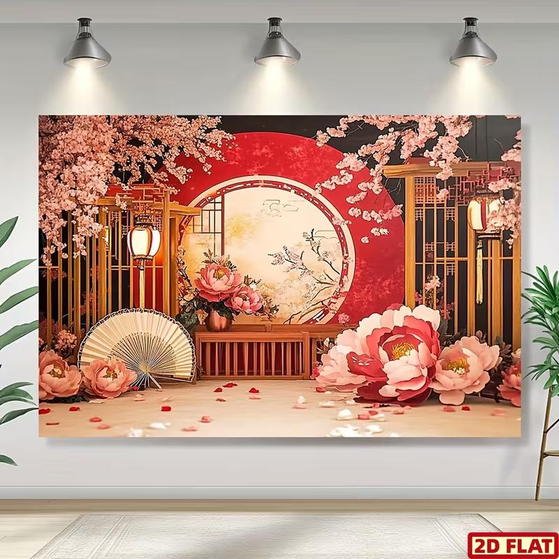 2D Chinese Red Floral Backdrop Peony Cherry Blossom Background