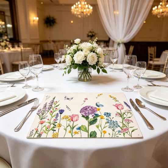5Pcs Floral Linen Placemats Cute Bunny Hummingbird Farmhouse Placemats Machine Washable Table Protection Mats for Home Dining Wedding Party