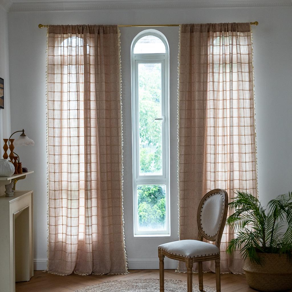 Curtain Finished Non-Punching Cover Pole Type American Living Room Bedroom Fringed Balcony Plaid Curtain