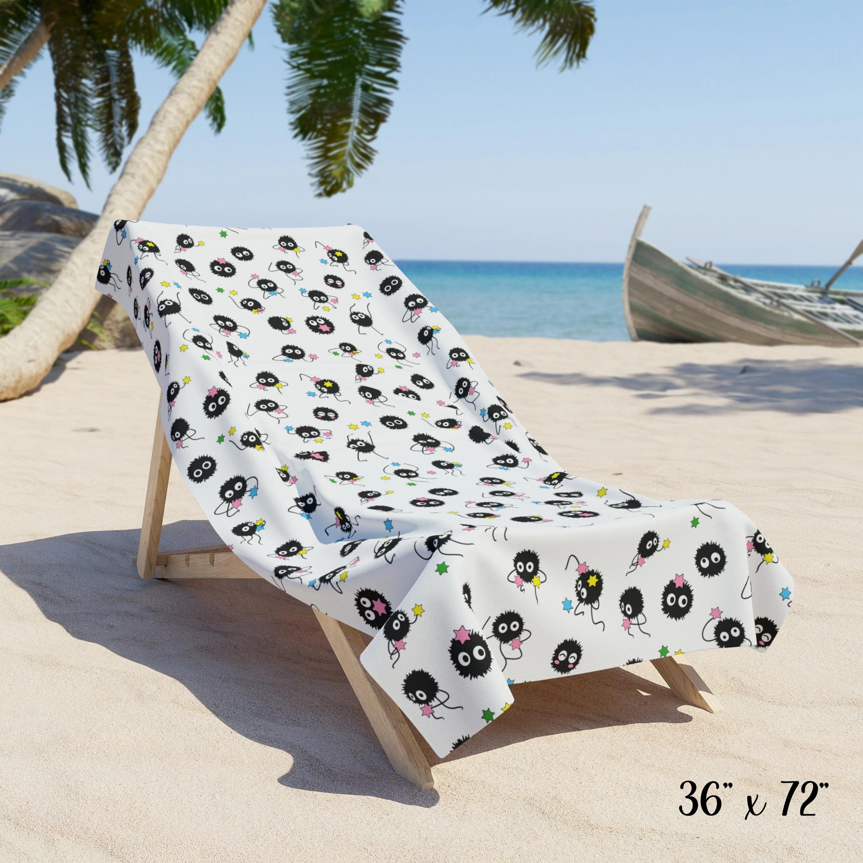 Soot Sprite Beach Towel Ghibli Inspired Susuwatari Summer Beach Towel Soft Bathroom Towel for Anime Fans W40*H60(CM)