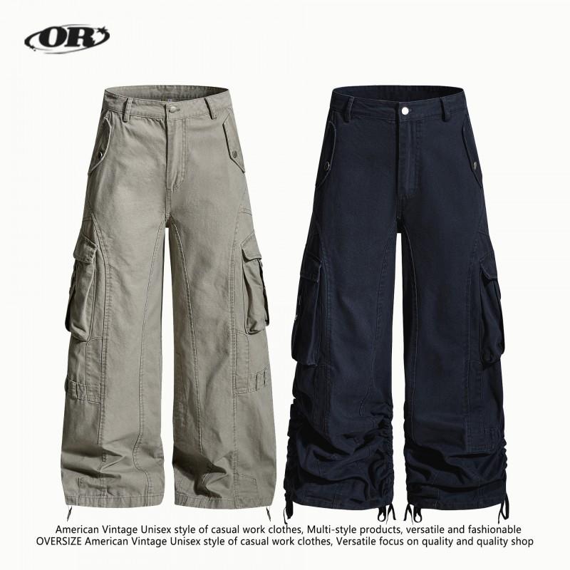 Unisex Retro Cargo Pants Loose Wide Leg Workwear Style Cotton Trousers Daily Casual Wear