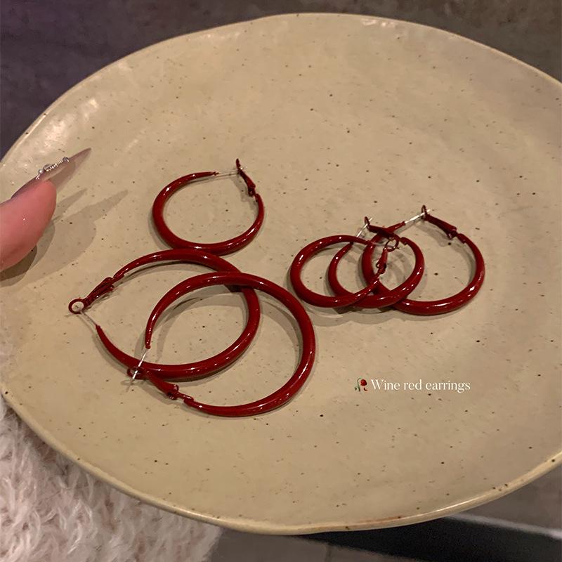 Elegant Retro Hong Kong Style Angora Red Hoop Earrings for Women