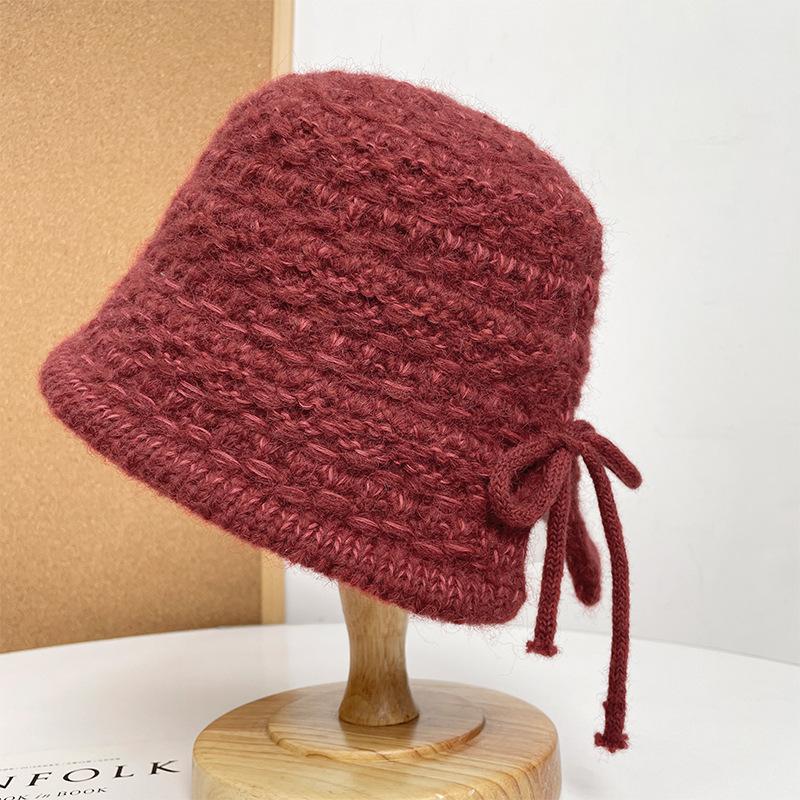 

Вязаная шапка-ведро в корейском стиле с разрезом и бантом для женщин на осень и зиму, универсальная однотонная, теплая, с защитой ушей, шерстяная шапка 56-59CM