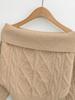 Women's French Off-Shoulder Cable Knit Pullover - Slimming Waist, Long-Sleeve Casual Sweater for Autumn/Winter
