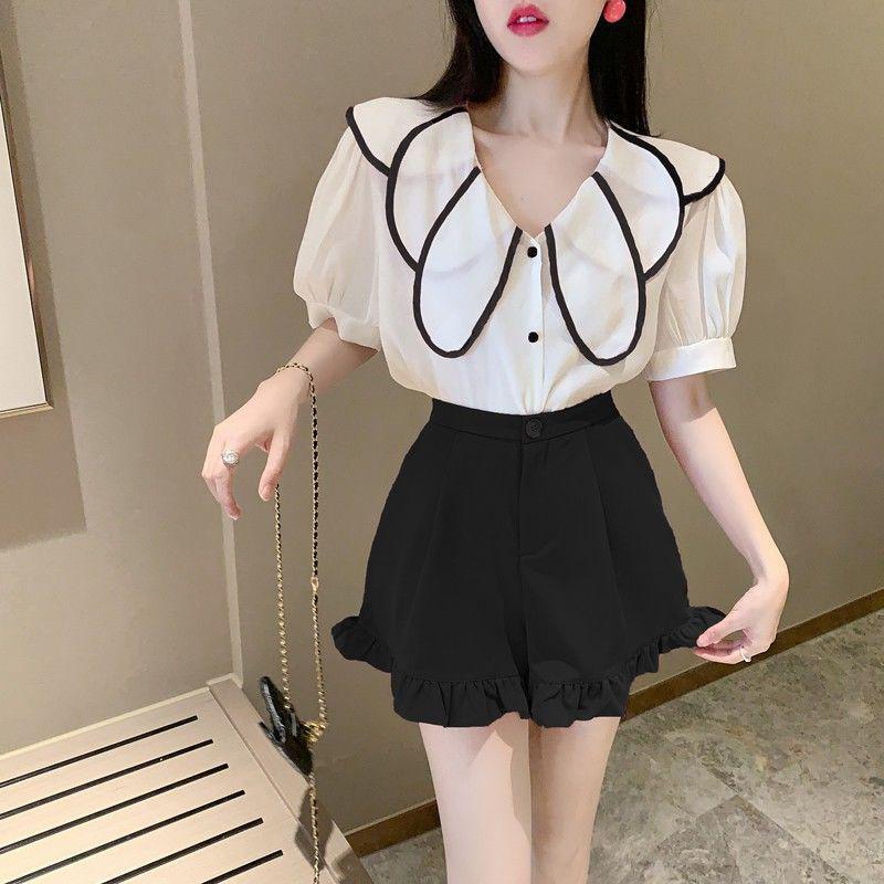 

Women s 2025 Summer Casual Korean-Style Pleated Wide Leg Ruffle Hem Shorts S