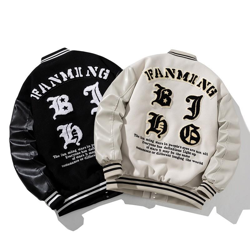 Mens Vintage Winter Thickened Baseball Jacket With Embroidery Wool PU Leather Patchwork Loose Fit