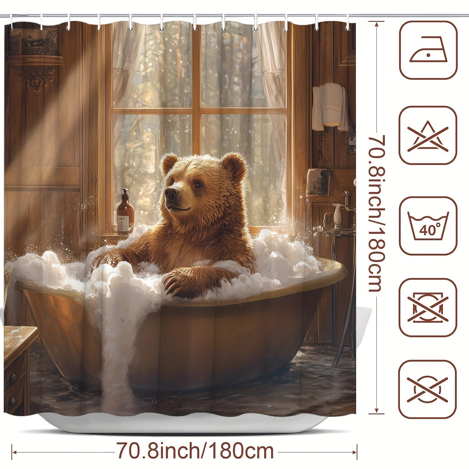 

1Pc Bear Shower Curtain - Funny Brown Bear Bathing, Rustic Wood Grain, Country Cartoon Design, Modern Bathroom Decor W60H190(CM)-1 Pcs