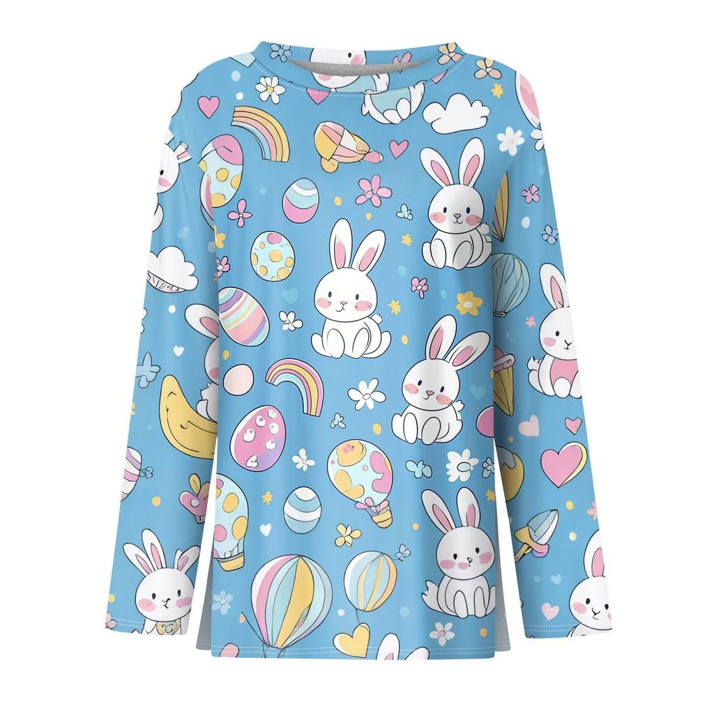 Moda damă ocazional tiv cu fante cu gât rotund, cu mânecă lungă, tricou imprimat liber Top pentru damă