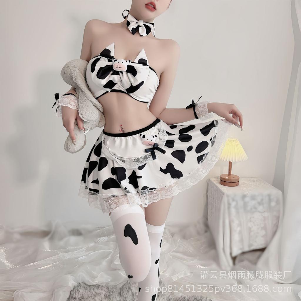 Sexy Cow Uniform Seductive Set Pure Desire Cute Bra Split Short Skirt Set Korean Style Two Piece Outfits For Women Summer 0H9R