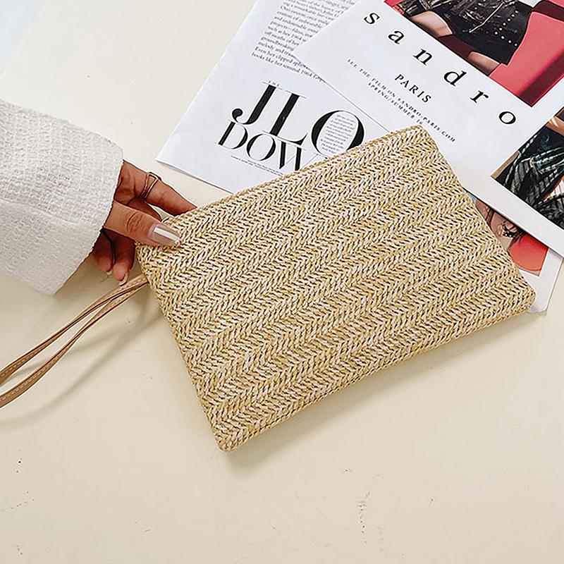 Weaving Bag  Ladies Wristlet Clutch Women Daily Money Phone Clutch Solid Straw Woven Coin Purse Beach Wallet Card Holder