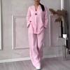 Cotton Linen Sets Two 2 Pieces Sale Casual Long Sleeve Button Loose Blouse Shirt&High Elastic Wide Leg Loose Pant Suits