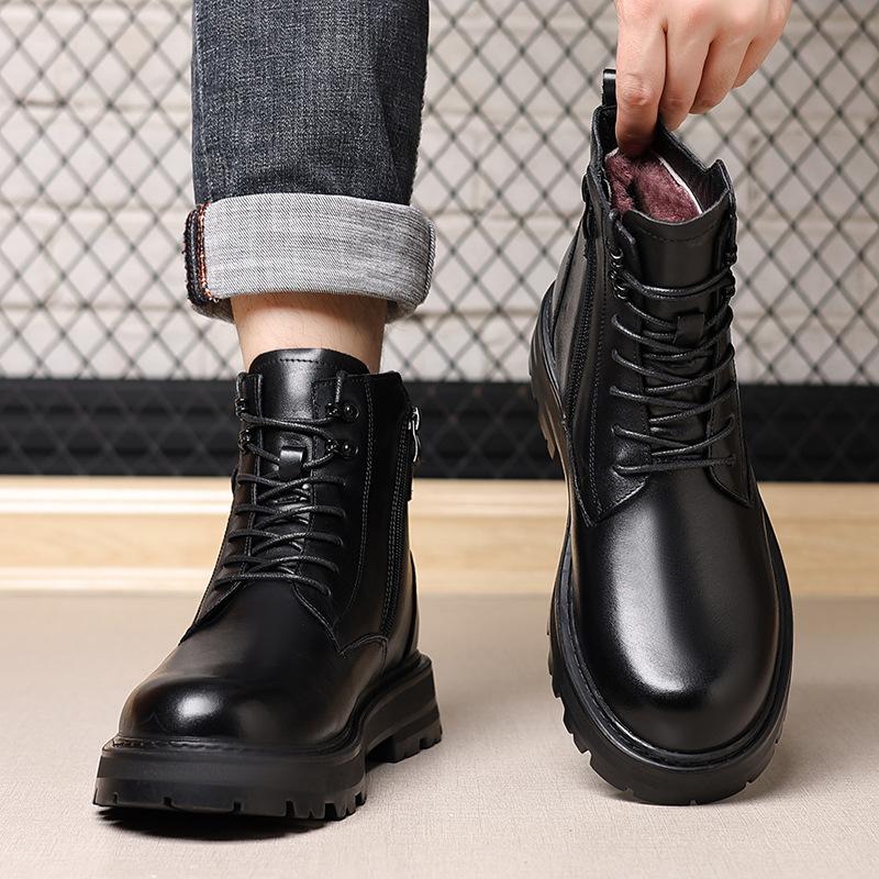 First Layer Cowhide Martin Boots Men's Genuine Leather Winter Fur Integrated Men's Boots Casual Wool Men's Leather Boots High Top Men's Shoes