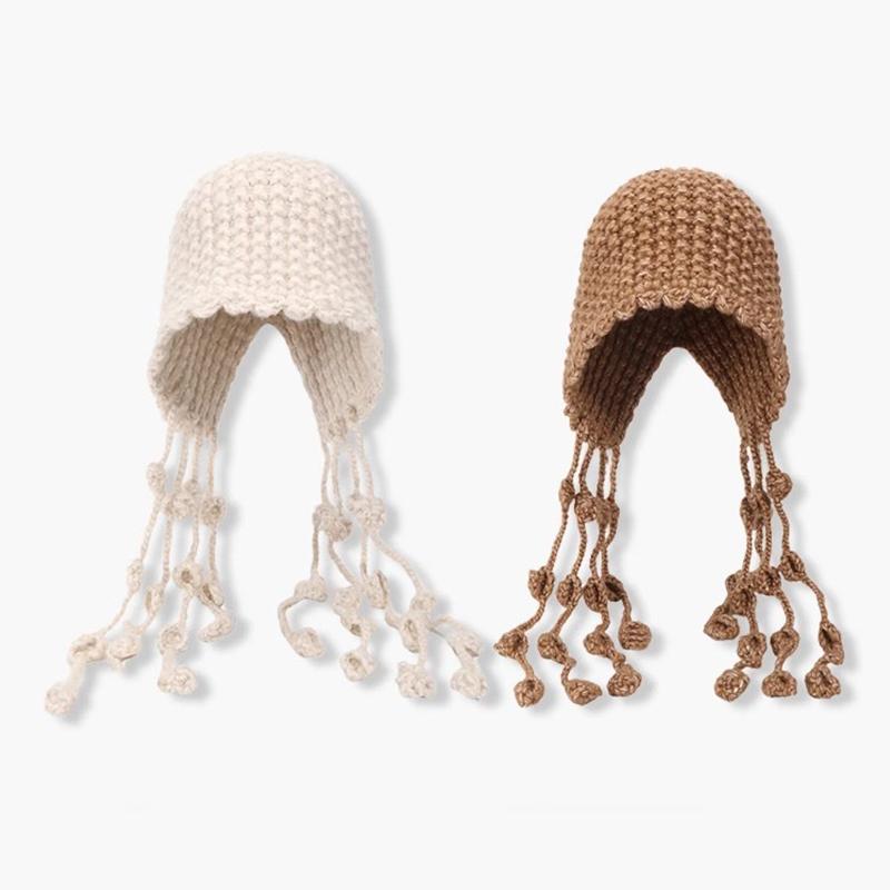 Autumn And Winter Warm Wool Hat Hand-Woven Hollow Bag Hat Women'S Ethnic Style Fringed Ear Protector Knitted Hat