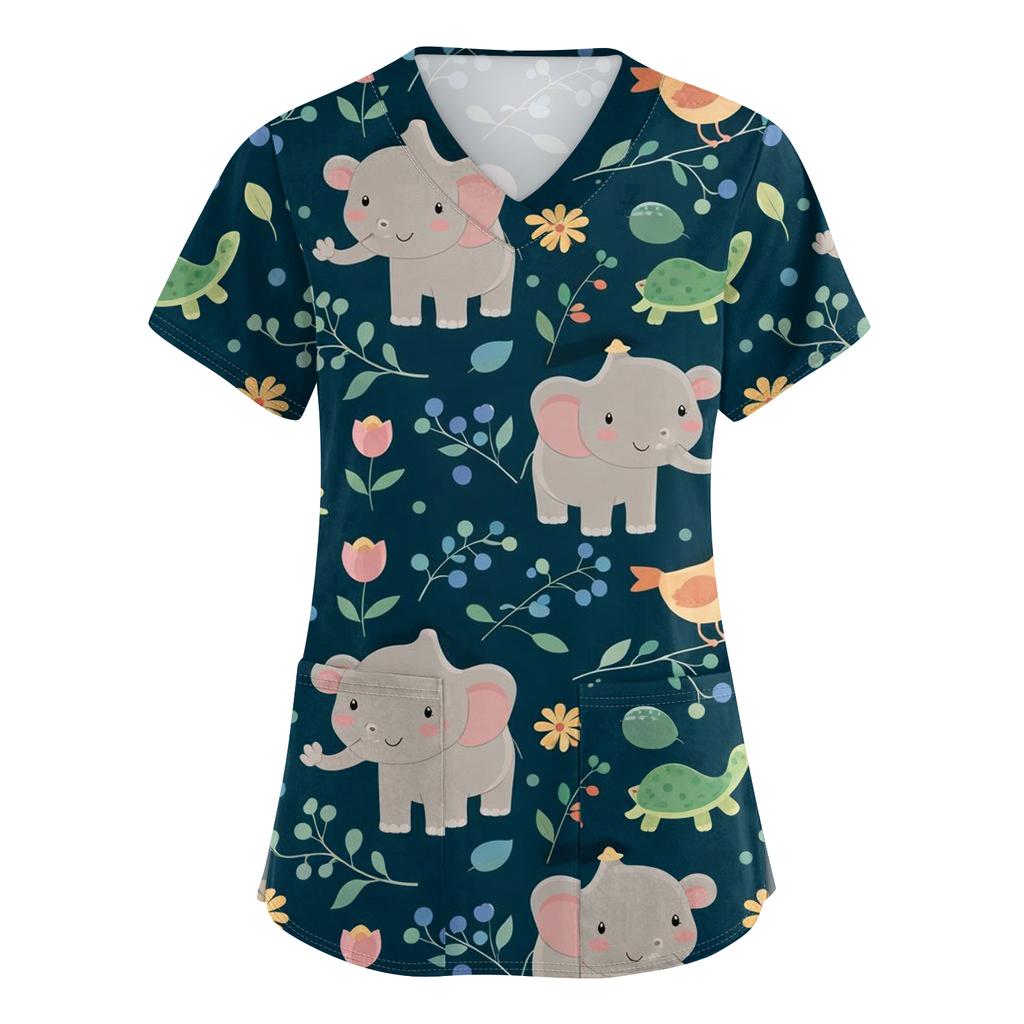 Women's Casual Short-Sleeve Cute Animal Print V-Neck Pocket Workwear Top