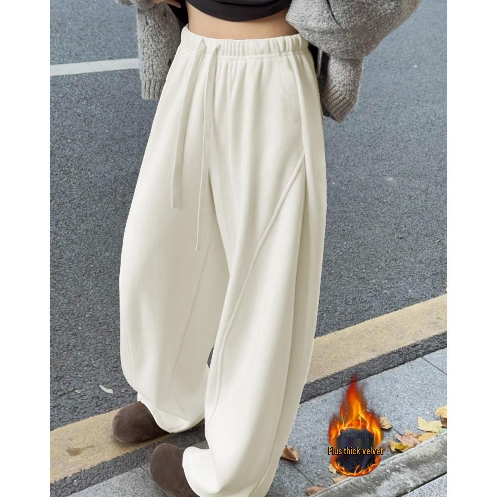 

Women s Velvet High Waist Wide-Leg Elastic Pants - Autumn/Winter Casual Wear Apricot (Below 160cm)