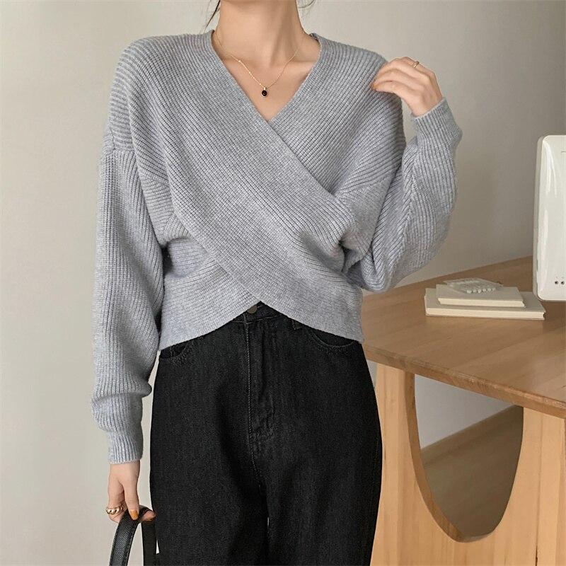 Autumn Loose V-Neck Women Knitted Sweater Vintage Office Lady Pullovers Sweaters Ladies Winter Korean Irregular Knitwears 28576