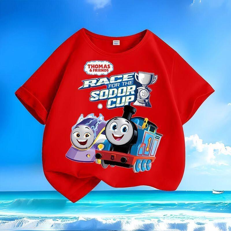 Thomas the Train Cartoon Summer New Style Boys and Girls Small Children Short-Sleeved T-Shirt 100% Cotton Round Collar Loose Top