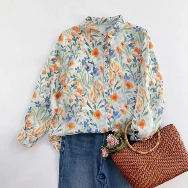

Французская мода Цветочная принтованная рубашка Свободный тонкий топ для женщин Весна Лето Универсальный S