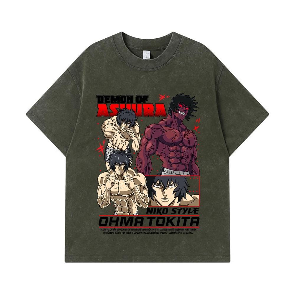 

275 GSM Washed T-shirts 100% Cotton Baki V5 Ohma Print Unisex Heavy Cotton T Shirt S армия зеленый