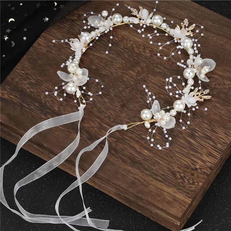 Golden Leaf Pearl Headband: Fairy-Inspired Flower Wreath for Girls' European Wedding or Sweet Dress-Up Headdress