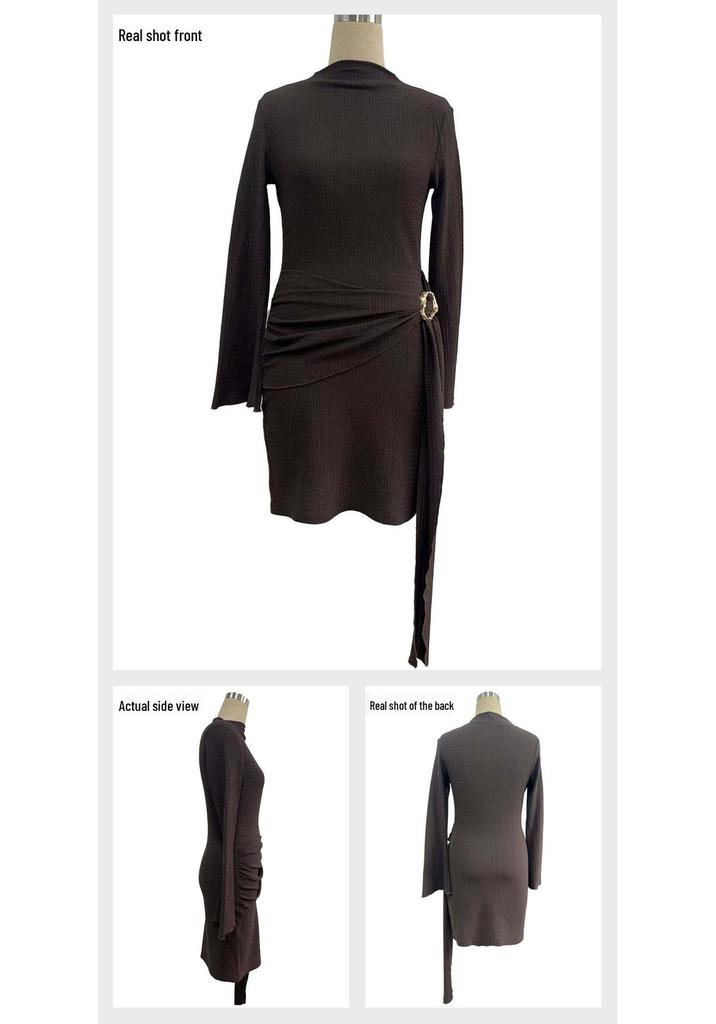 2026 Autumn Slim Fit Knit Dress with Metal Buckle and Ribbon