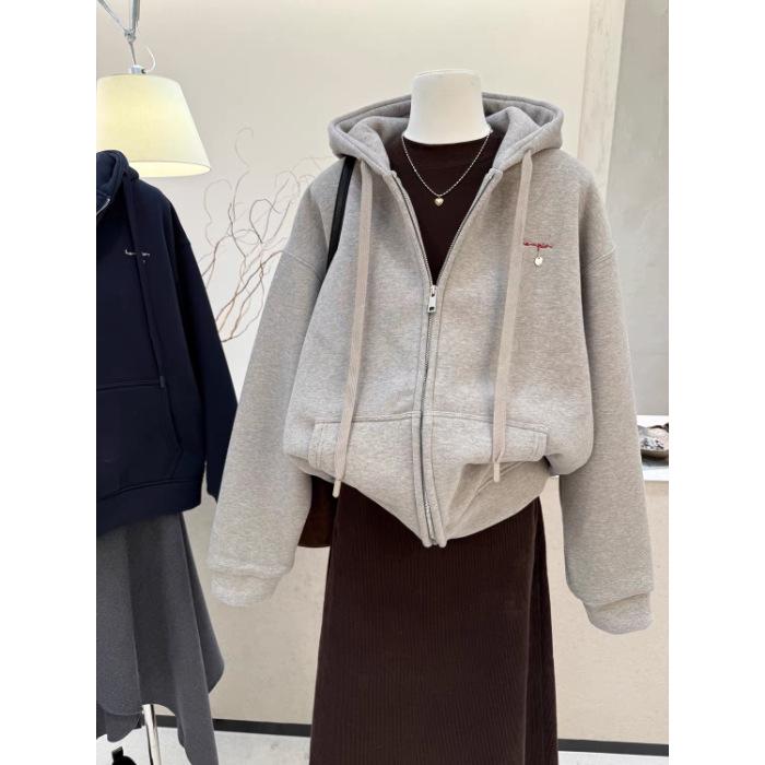 Plus Size Fleece-Lined Hooded Sweatshirt Jacket with Embroidered Letters - Women s Casual Autumn/Winter Wear 4XL