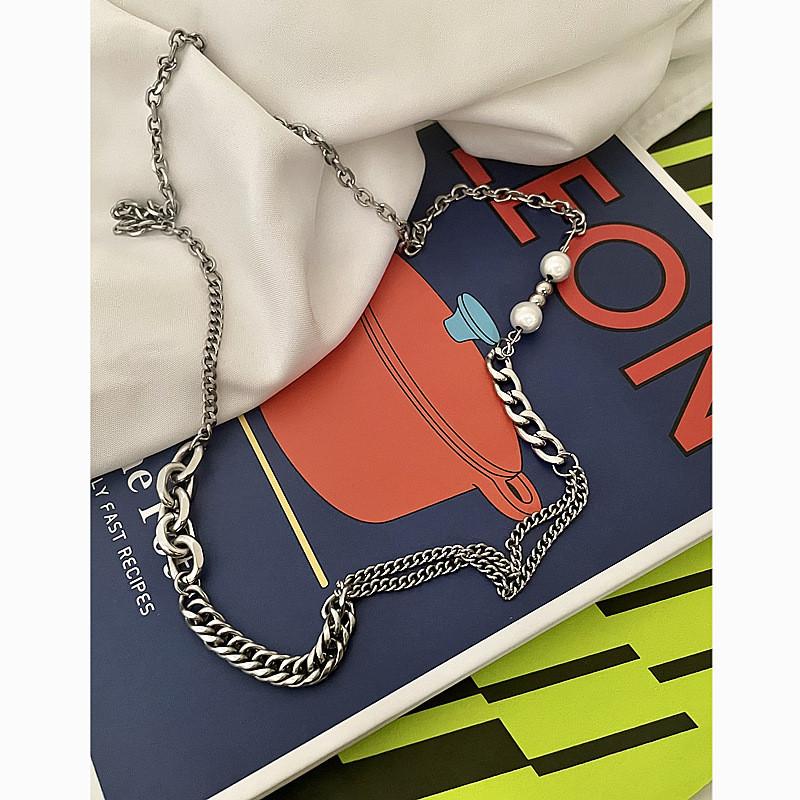 Titanium Steel Necklace With Reflective Beads And Pearl Accents For Unisex Street Style Jewelry