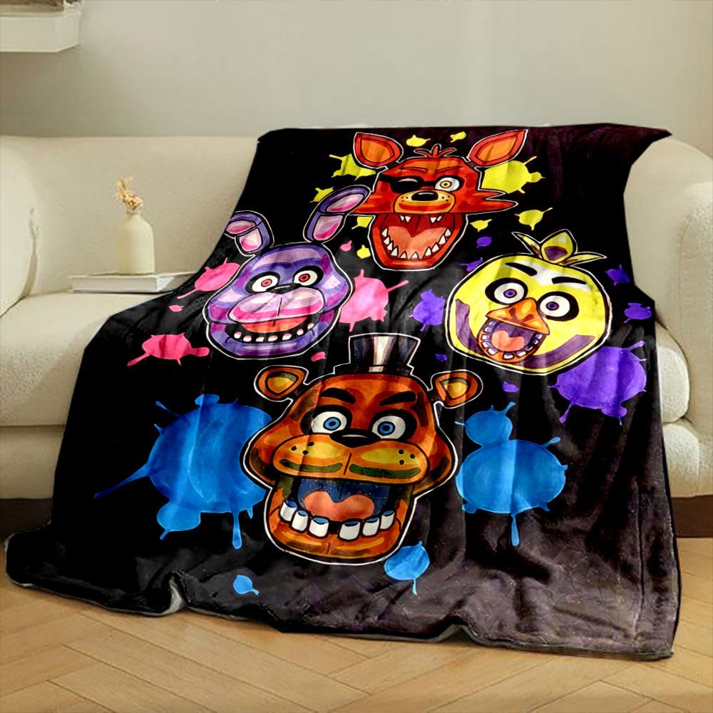 Four colorful cartoon animal faces with splattered paint backgrounds. for all seasons blanket lunch break throw gift