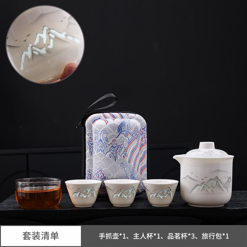 Qianli Jiangshan Linglong Travel Tea Set One Pot Three Cups Ceramic Kung Fu Tea Set Suet Jade White Porcelain Kuaike Cup Gift
