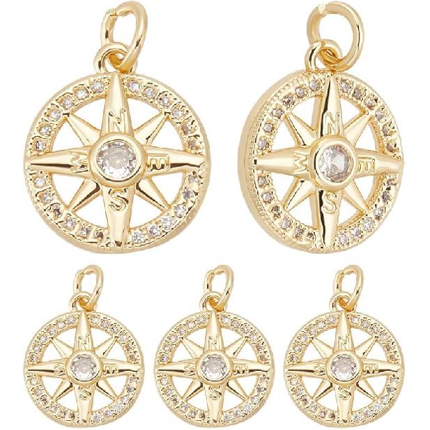 Beebeecraft 1 Box 10Pcs Compass Charms Micro Pave Cubic Zirconia Crystal Stone Golden Flat Round Pendants 13x16x3mm for DIY Jewelry Making Findings