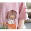2024 Summer New Tees Artistic Retro Cartoon Embroidered Round Neck Loose Pockets Distressed Short Sleeve Women's T-shirts Tops