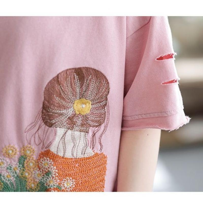 2024 Summer New Tees Artistic Retro Cartoon Embroidered Round Neck Loose Pockets Distressed Short Sleeve Women's T-shirts Tops